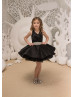 Black Satin Tulle High Low Flower Girl Dress With Beaded Sash Black Satin Tulle High Low Flower Girl Dress With Beaded Sash